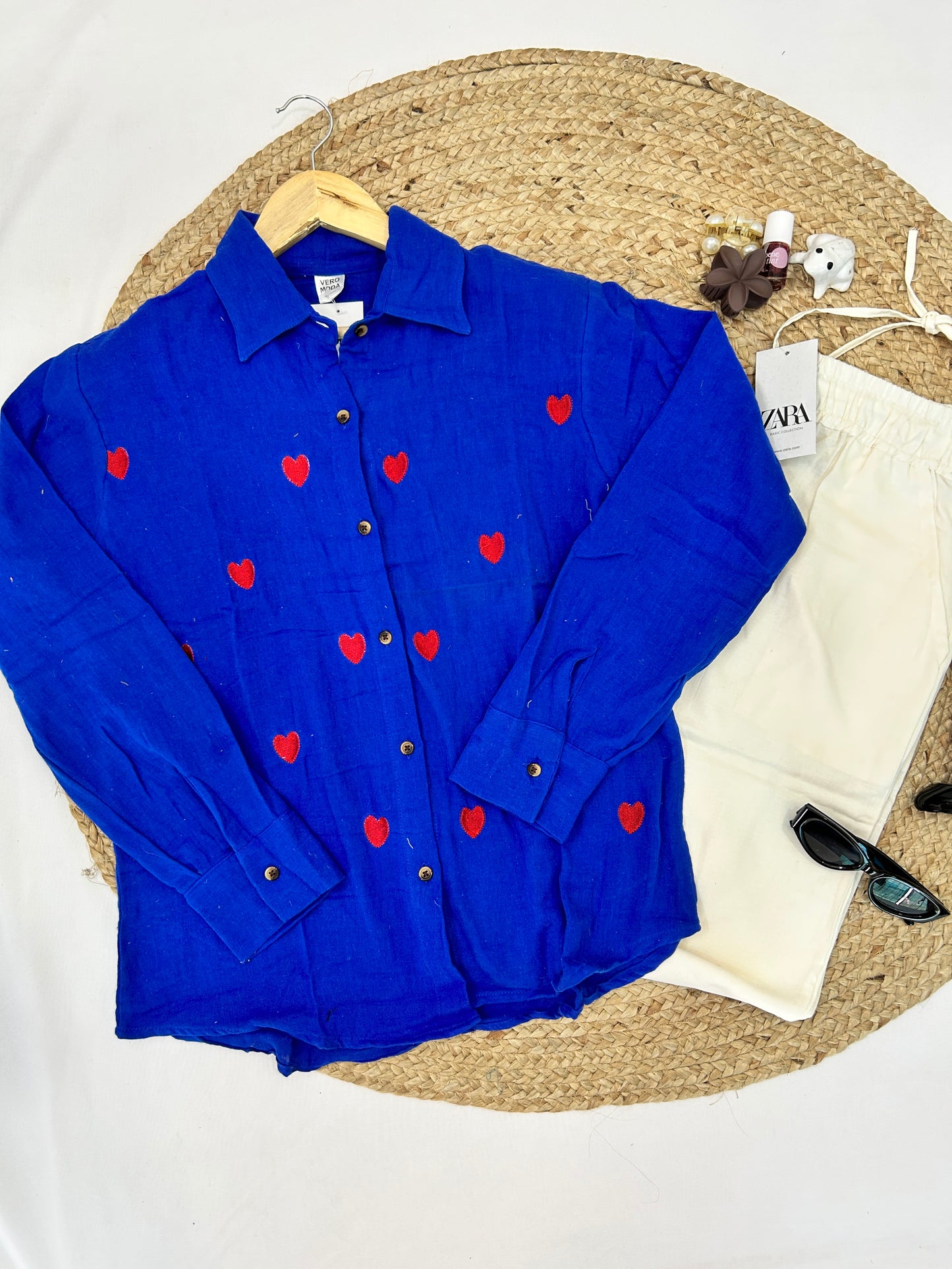 Linen Shirt heart-Royal blue