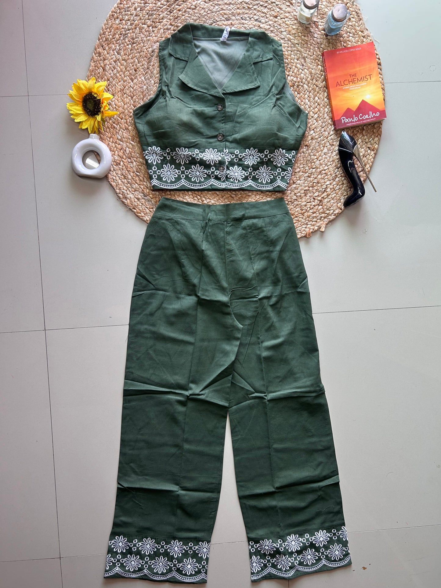 Green Embroidered Co-ord Set for Women | Cotton Linen Boho Coord