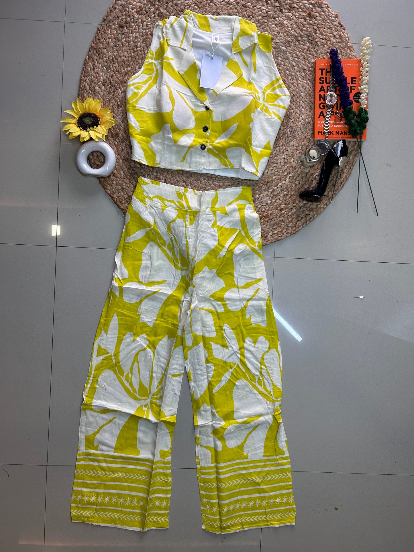 Yellow floral cute Printed Co-ord Set for Women | Cotton Linen Boho Coord