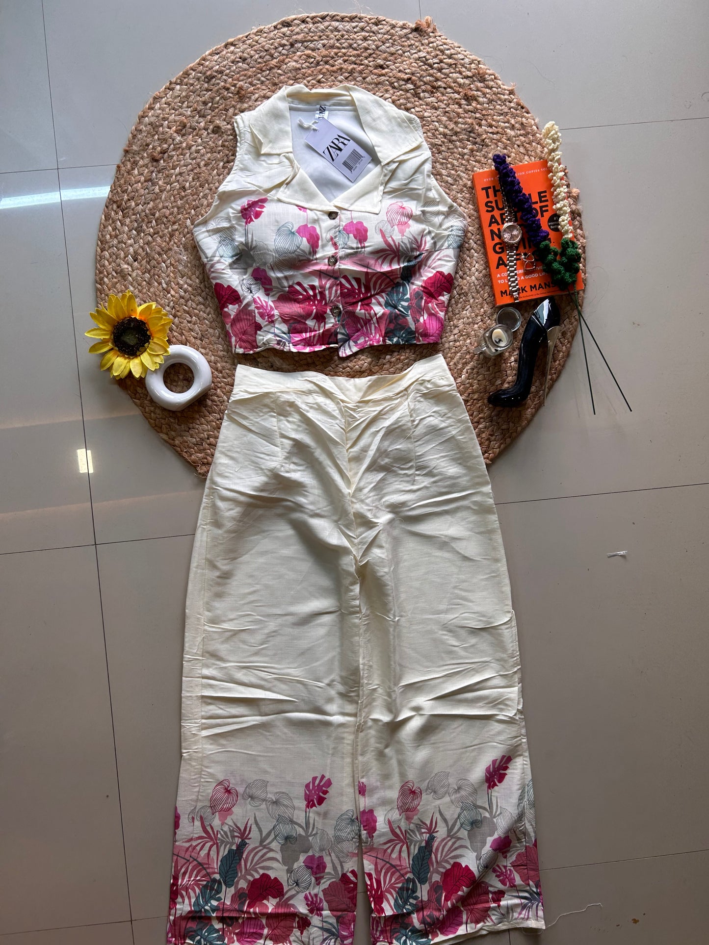 Off white pink floral Printed Co-ord Set for Women | Cotton Linen Boho Coord