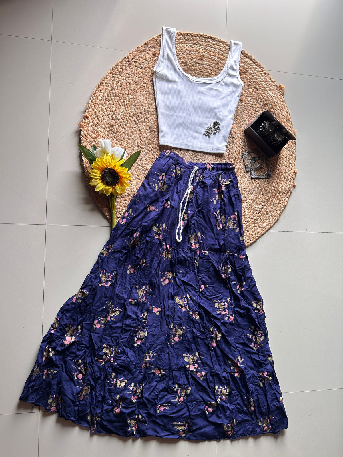 Navy blue floral printed skirt