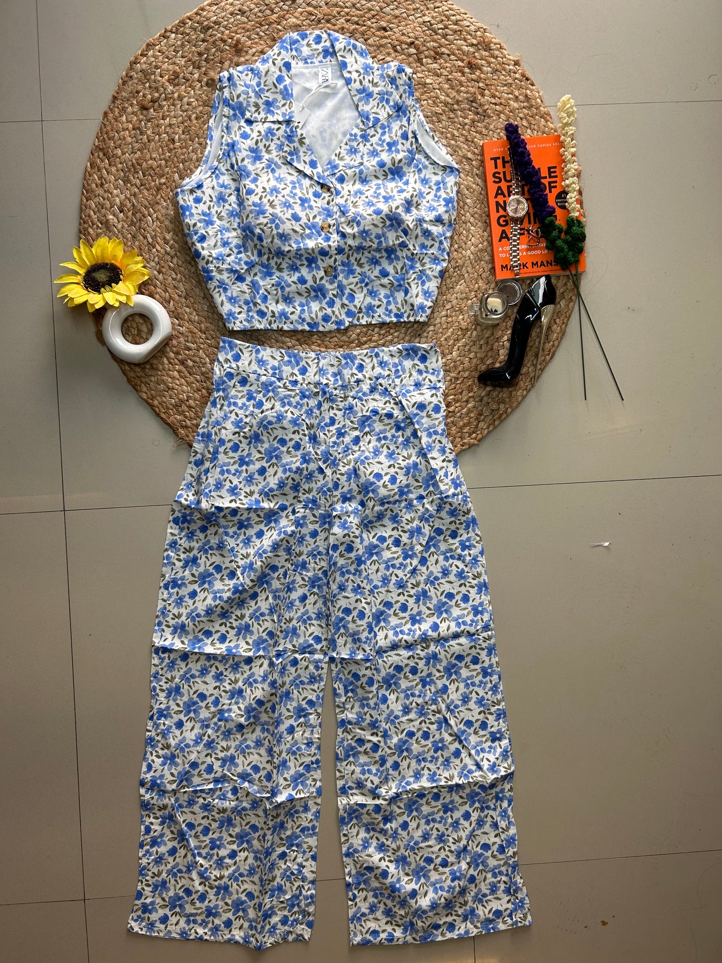 Blue cute Printed Co-ord Set for Women | Cotton Linen Boho Coord