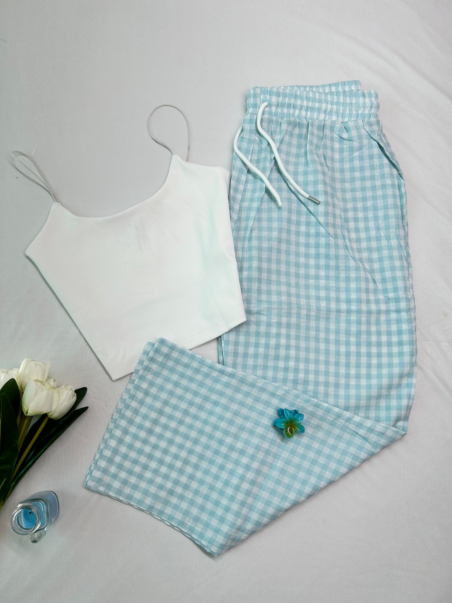 CHECKED PANTS - Ice blue