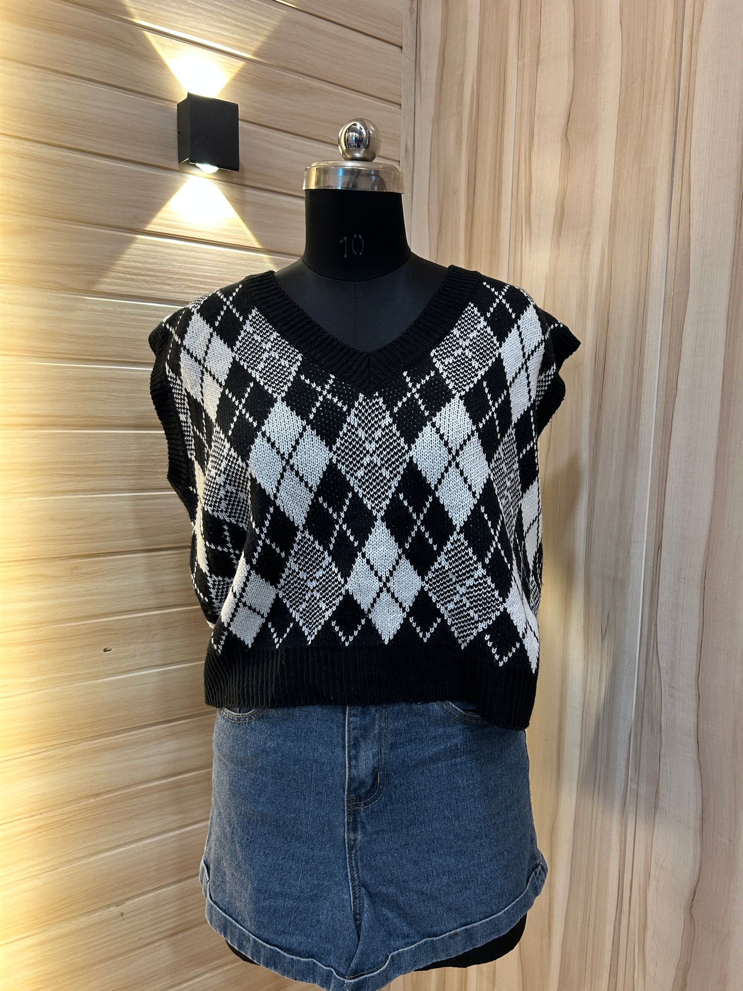 Black white grey checked vests