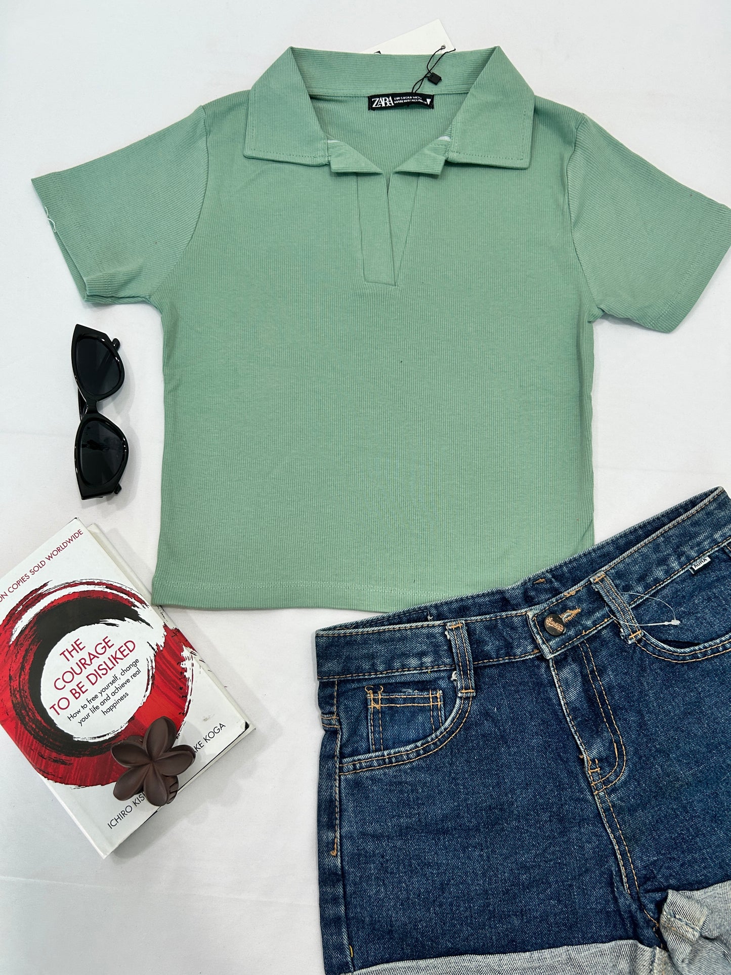 Solid collar top -PASTAL GREEN