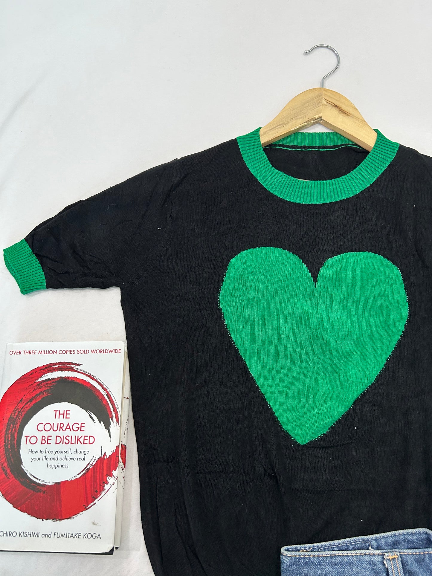Black Green cute green heart top