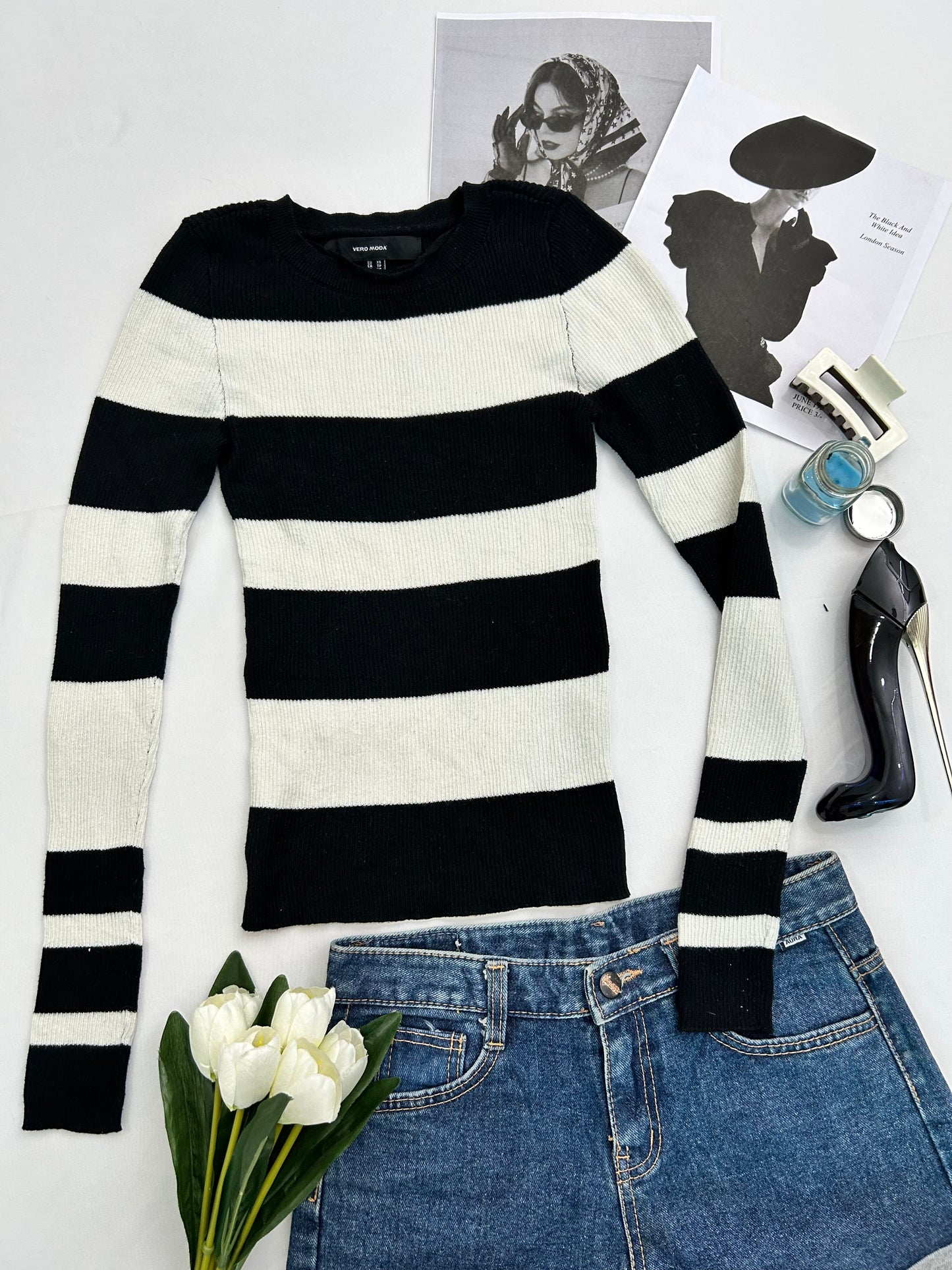 White Black striped top