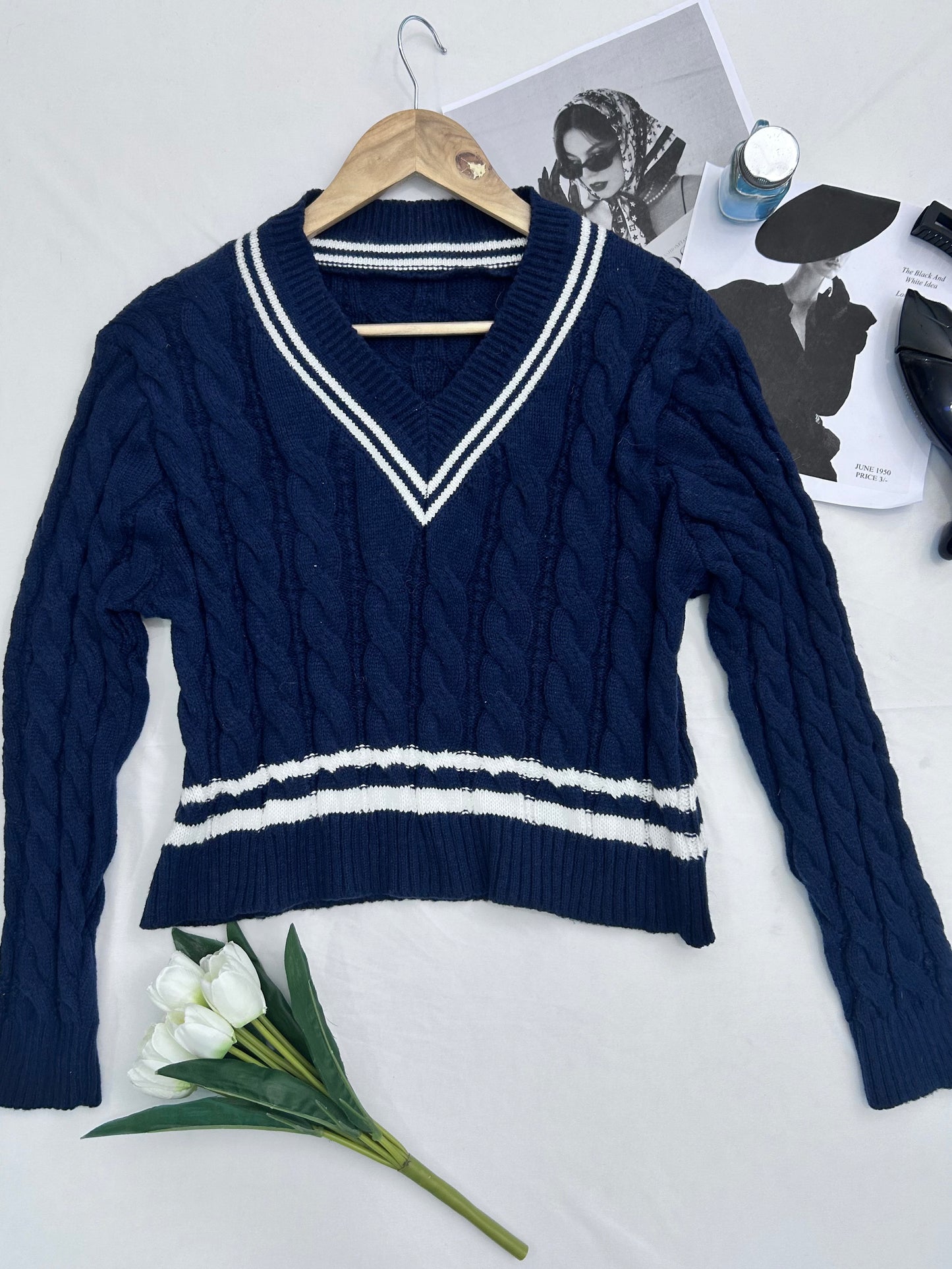 Navy blue cable knit pullover