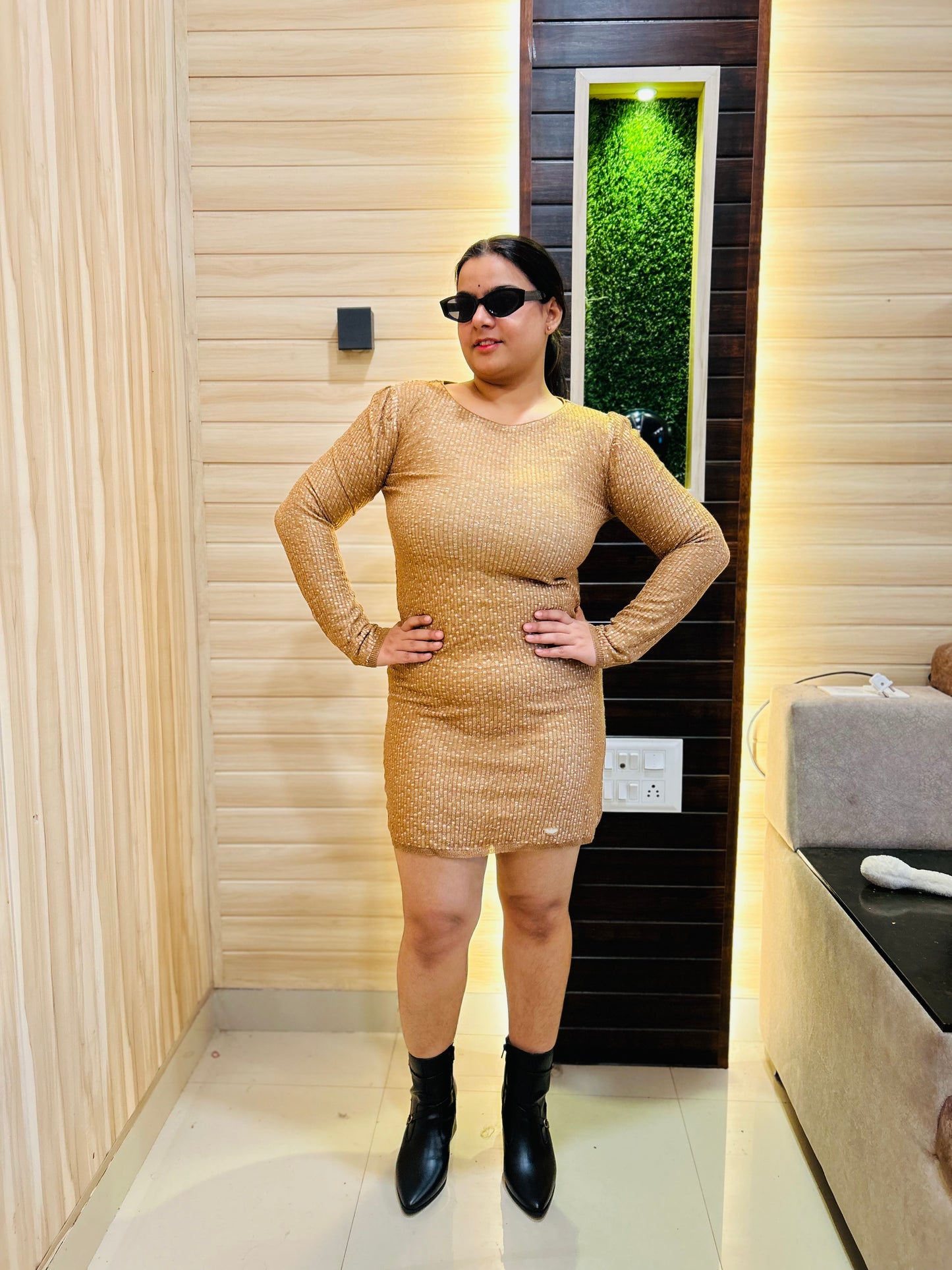 Beige Shimmer Dress for Women | Boho Freesize Surplus Dress