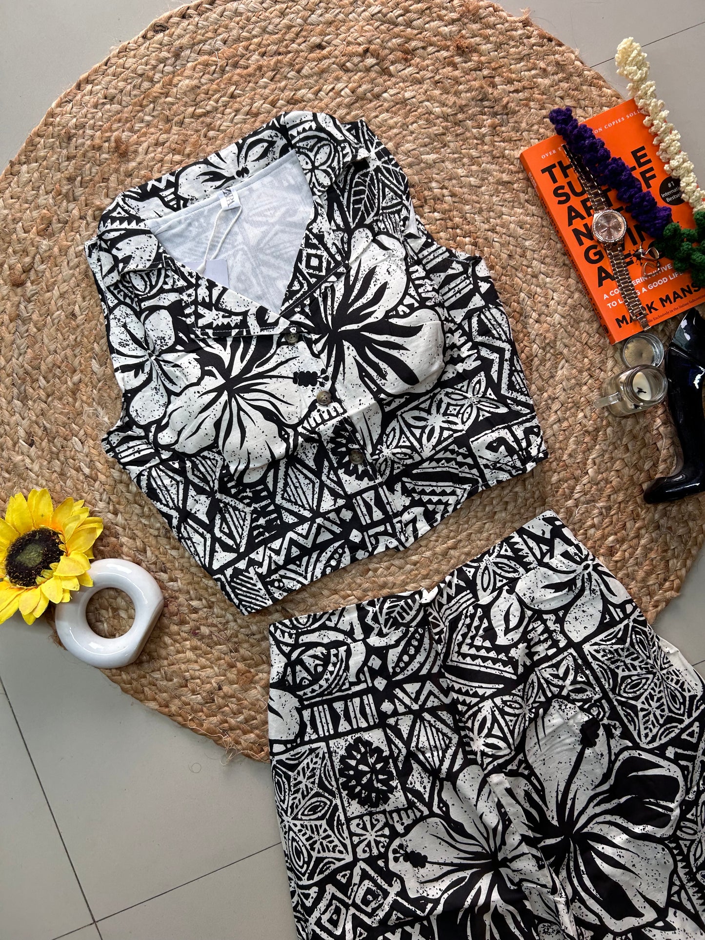 Black floral  Printed Co-ord Set for Women | Cotton Linen Boho Coord
