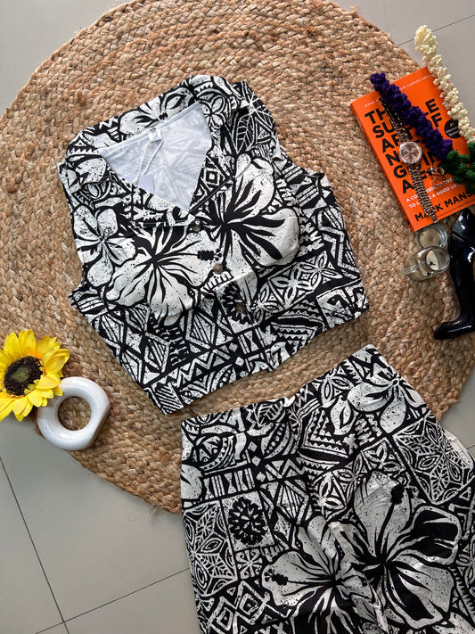 Black floral  Printed Co-ord Set for Women | Cotton Linen Boho Coord