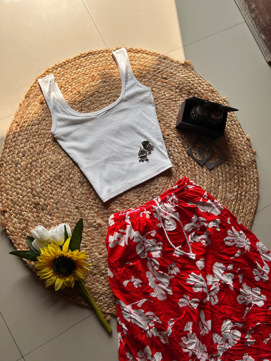 Red floral printed skirt