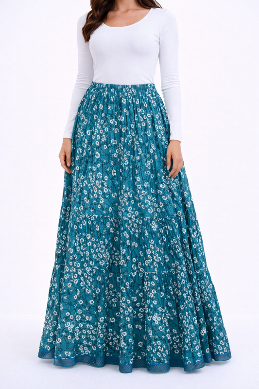 Teal flower printed skirt
