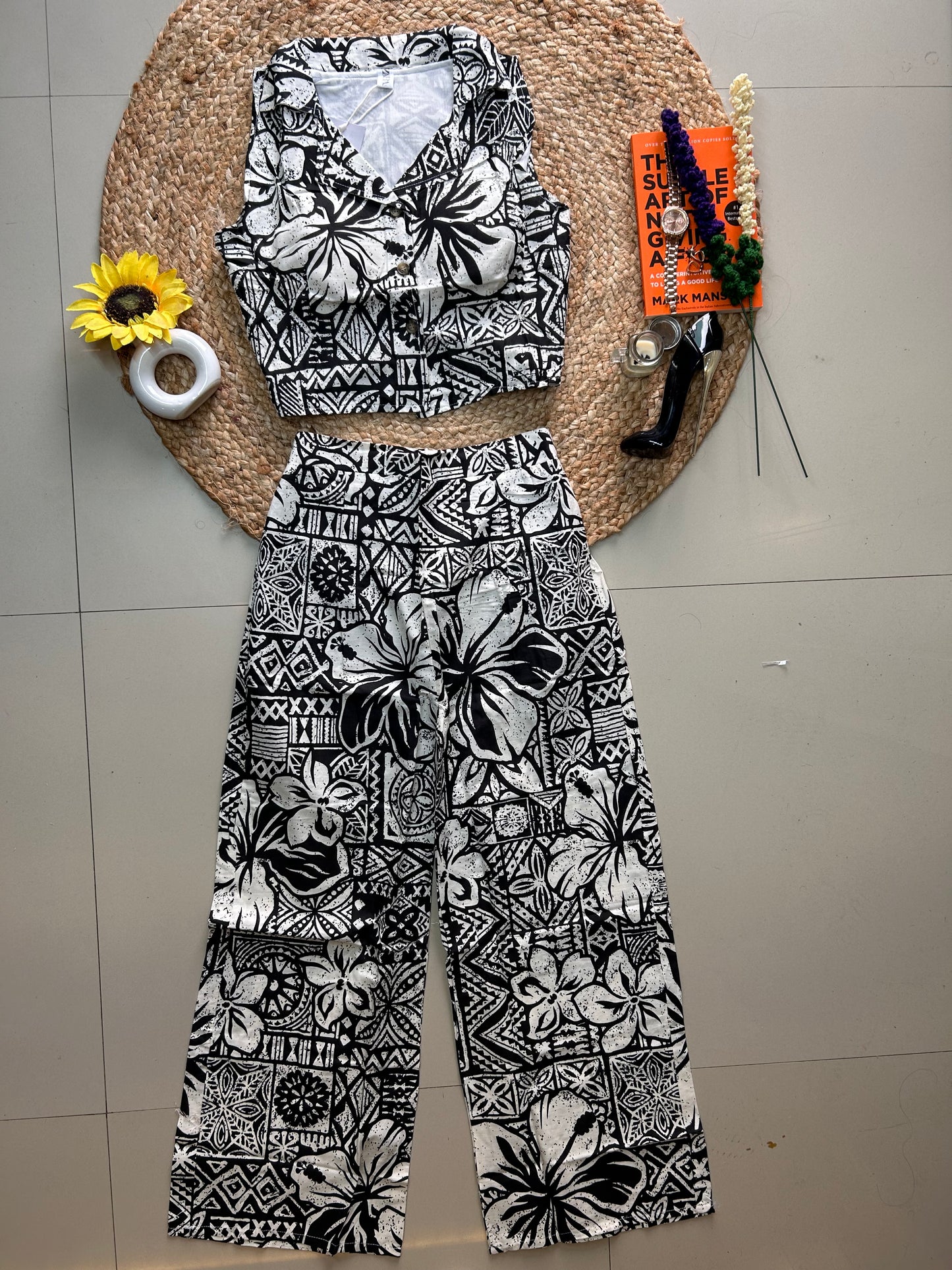 Black floral  Printed Co-ord Set for Women | Cotton Linen Boho Coord