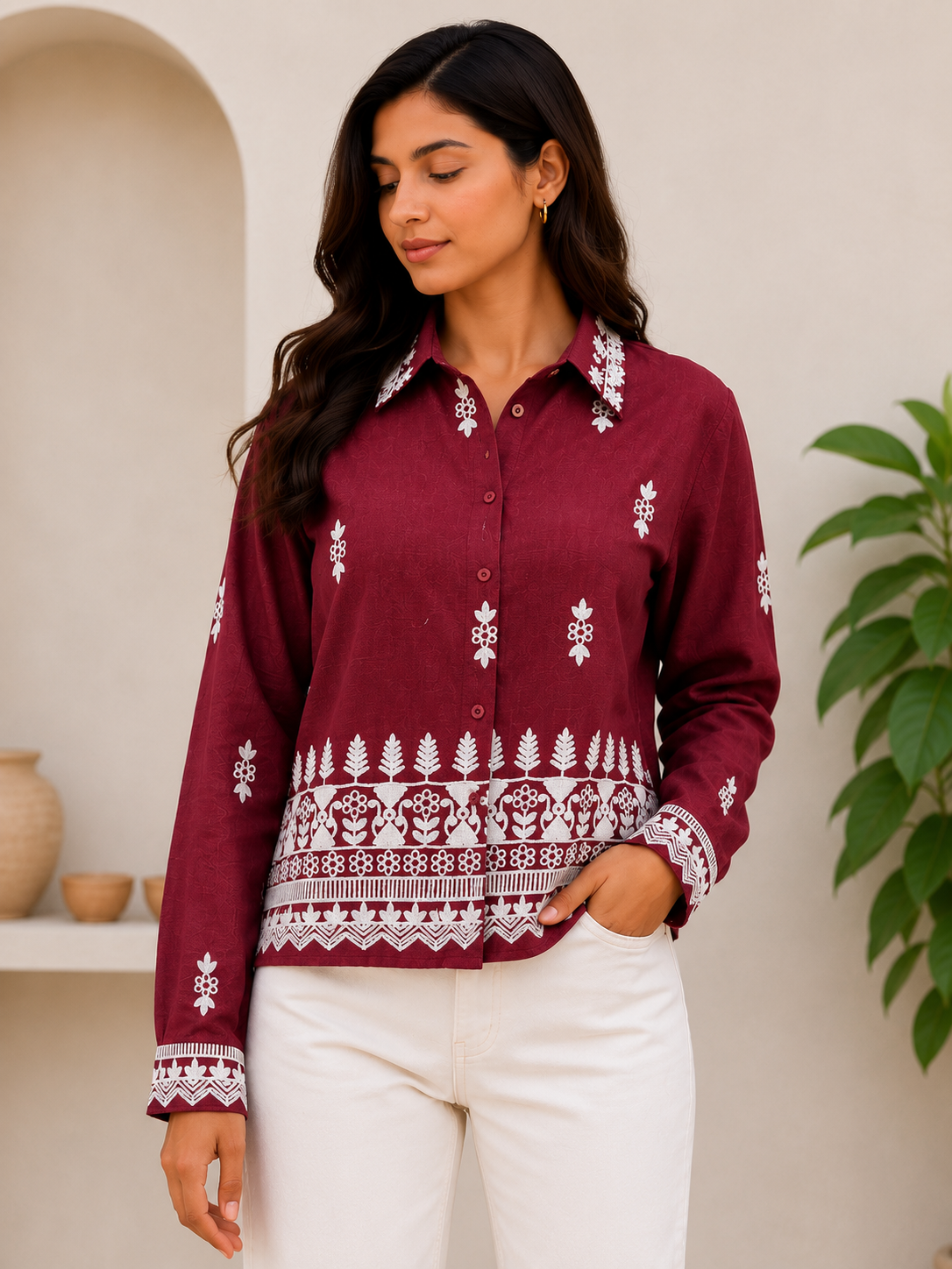 Embroidered shirt -Maroon