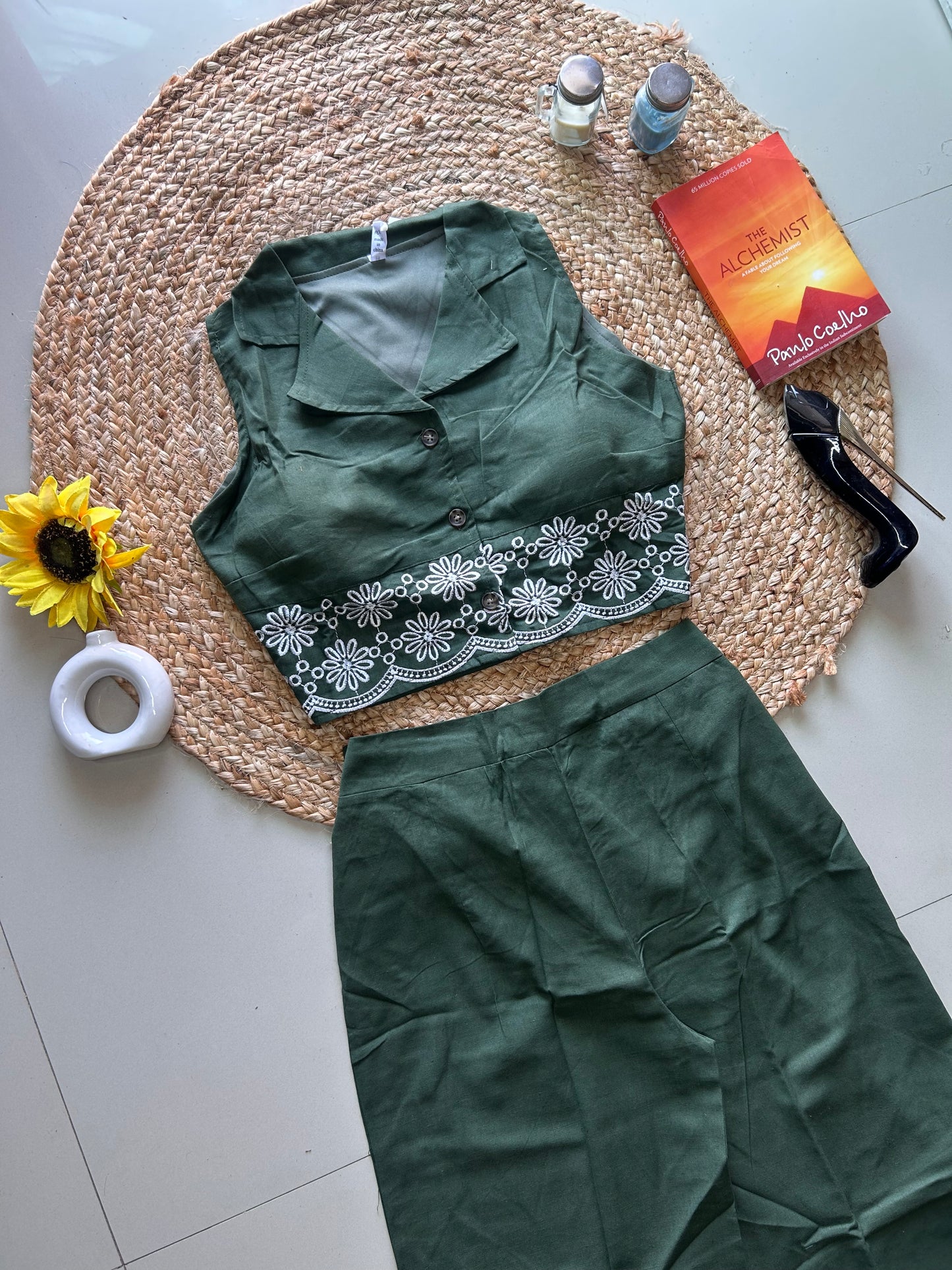 Green Embroidered Co-ord Set for Women | Cotton Linen Boho Coord