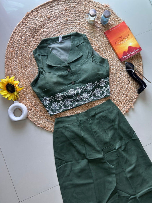 Green Embroidered Co-ord Set for Women | Cotton Linen Boho Coord