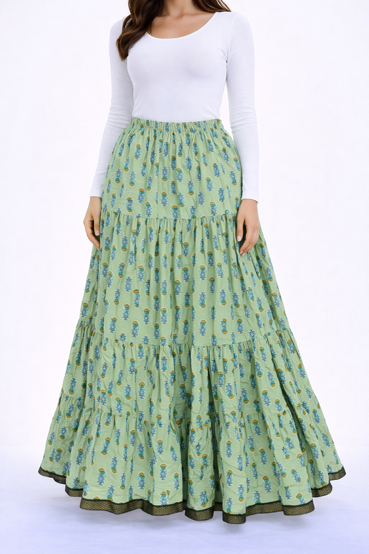 Pastel green  handblock printed skirt