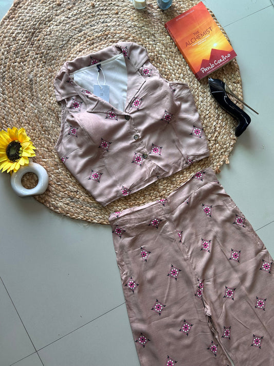 Peach Cutie Printed Co-ord Set for Women | Cotton Linen Boho Coord