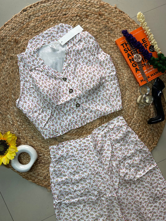 Cute pink floral Printed Co-ord Set for Women | Cotton Linen Boho Coord
