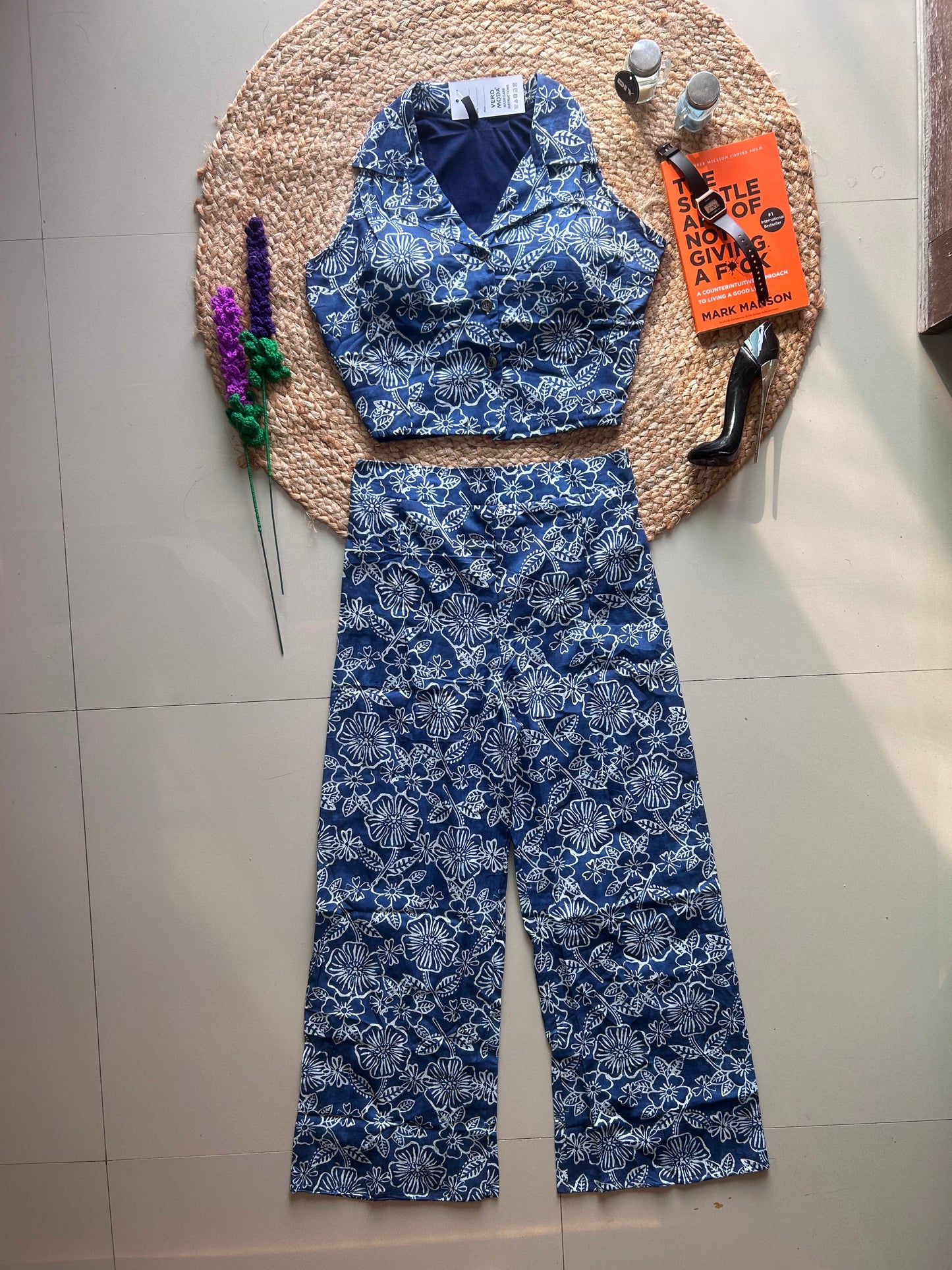 Indigo Floral Printed Co-ord Set for Women | Cotton Linen Boho Coord