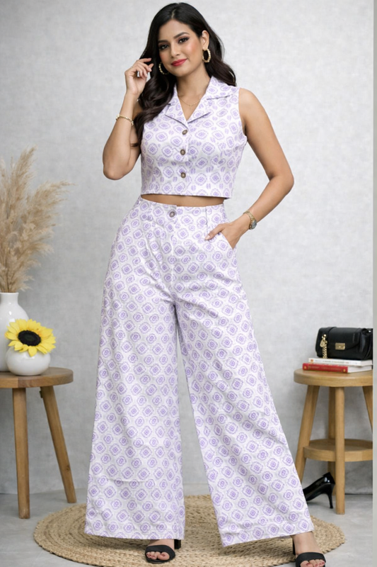 Lavender cute Printed Co-ord Set for Women | Cotton Linen Boho Coord
