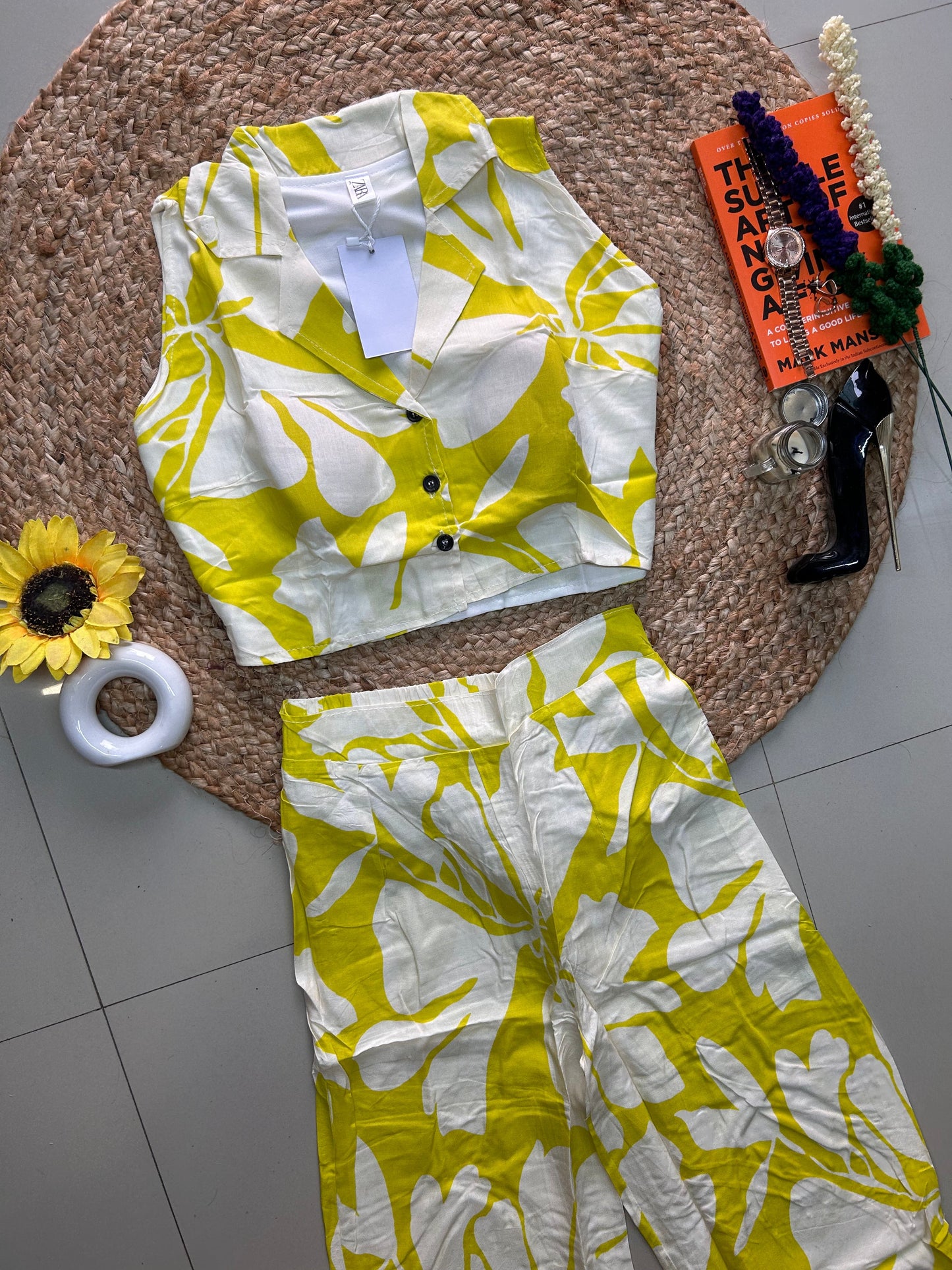 Yellow floral cute Printed Co-ord Set for Women | Cotton Linen Boho Coord