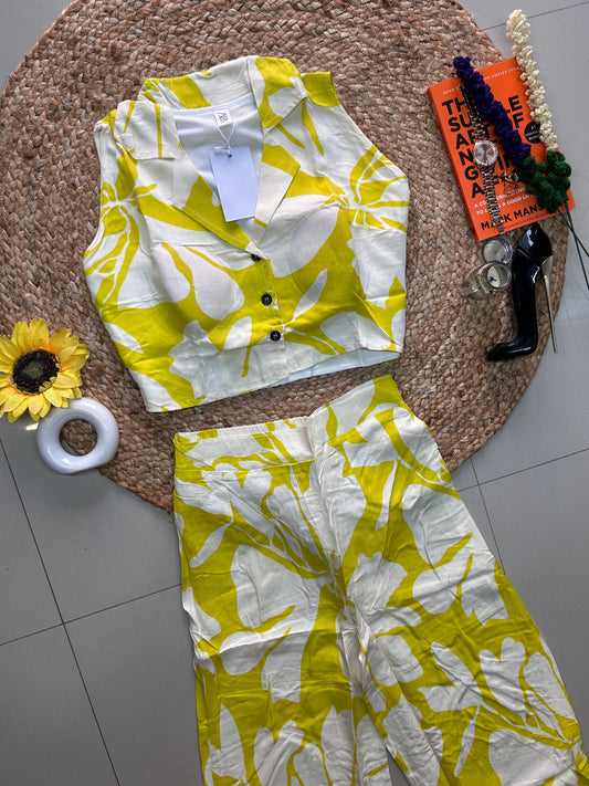 Yellow floral cute Printed Co-ord Set for Women | Cotton Linen Boho Coord