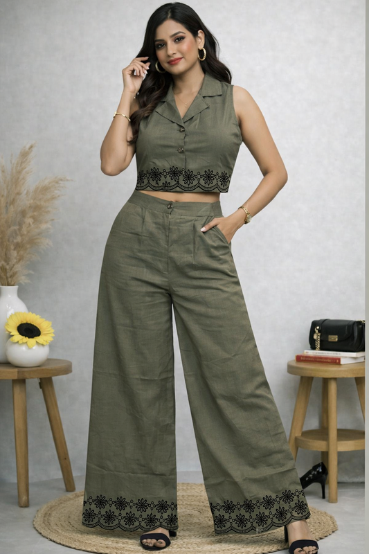 Olive green embroidered co-ord set