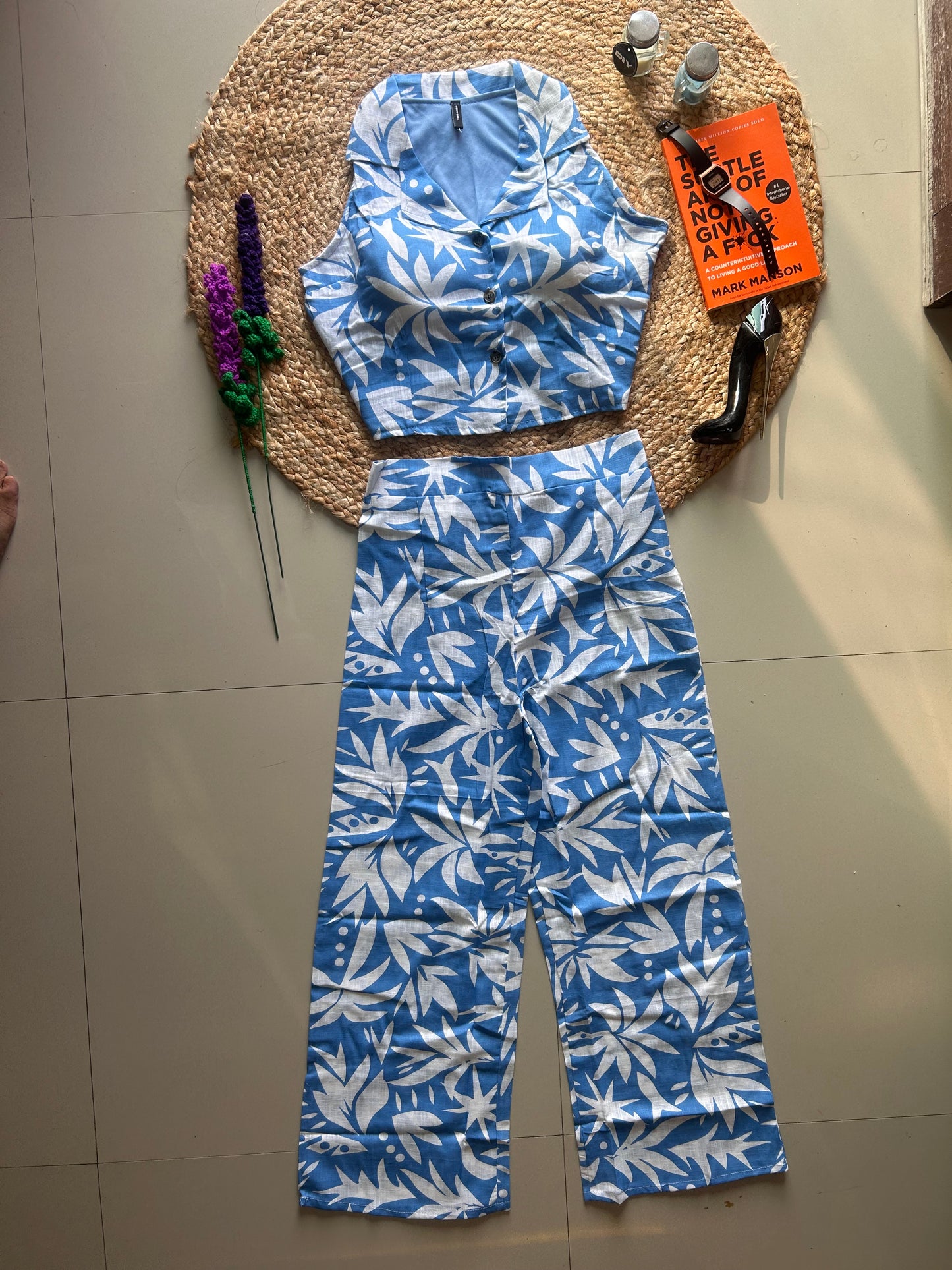 Blue Tropical Printed Co-ord Set for Women | Cotton Linen Boho Coord