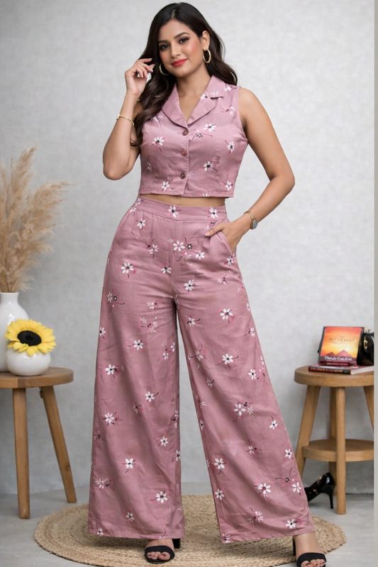 Mauve Cutie Printed Co-ord Set for Women | Cotton Linen Boho Coord