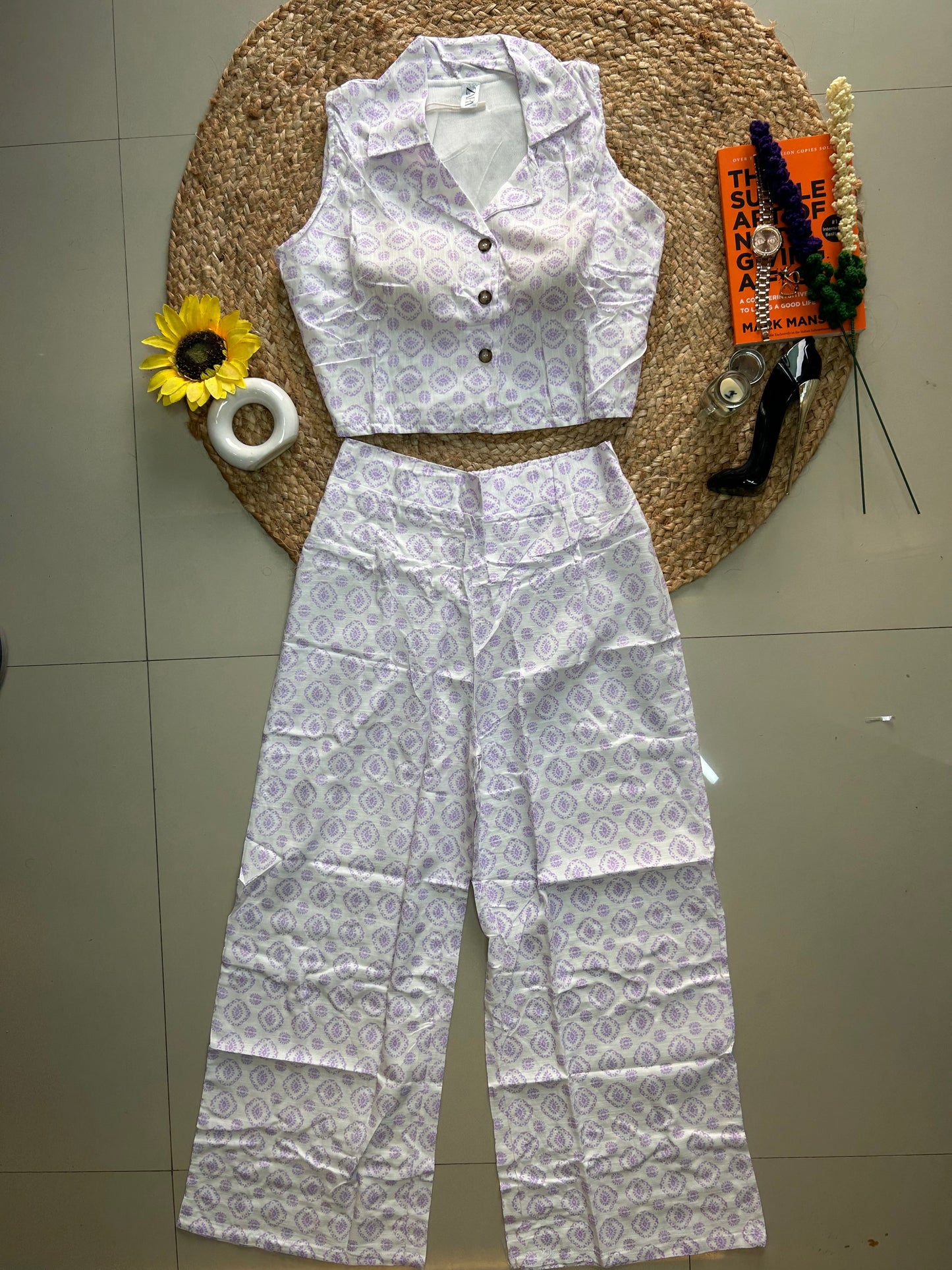 Lavender cute Printed Co-ord Set for Women | Cotton Linen Boho Coord
