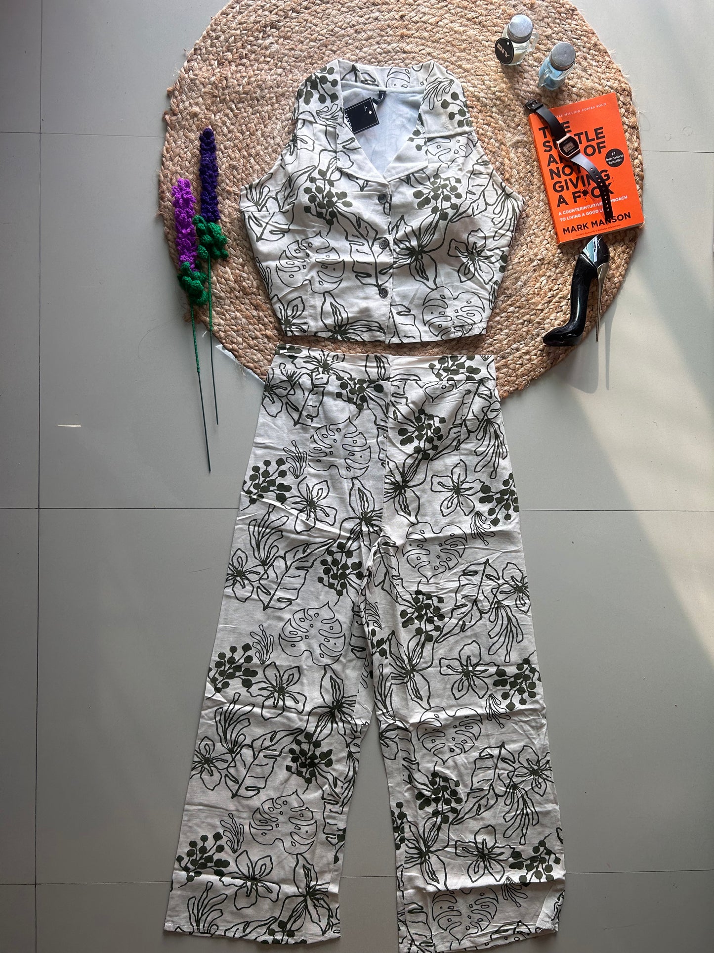 Beige Leafy Printed Co-ord Set for Women | Cotton Linen Boho Coord