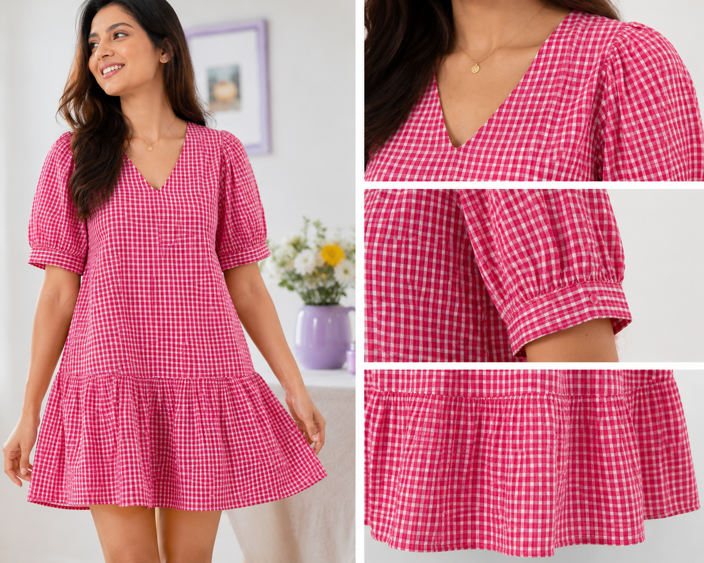 Pink gingham printed Dres