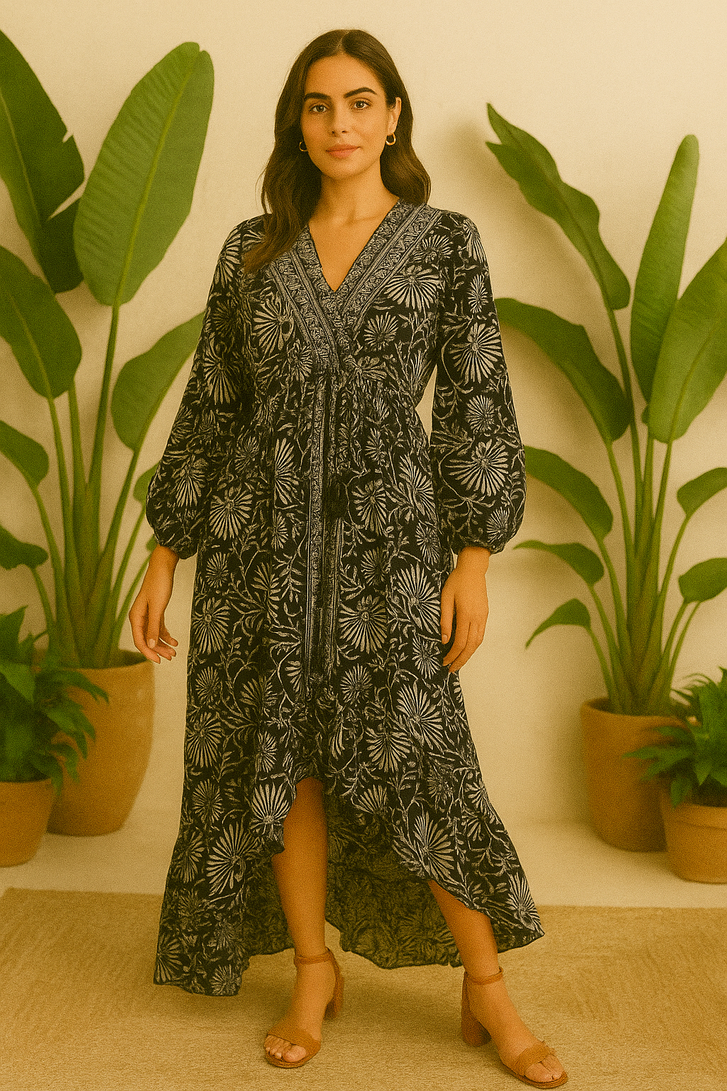 Navy blue floral print full sleeves SUMMER DRESS