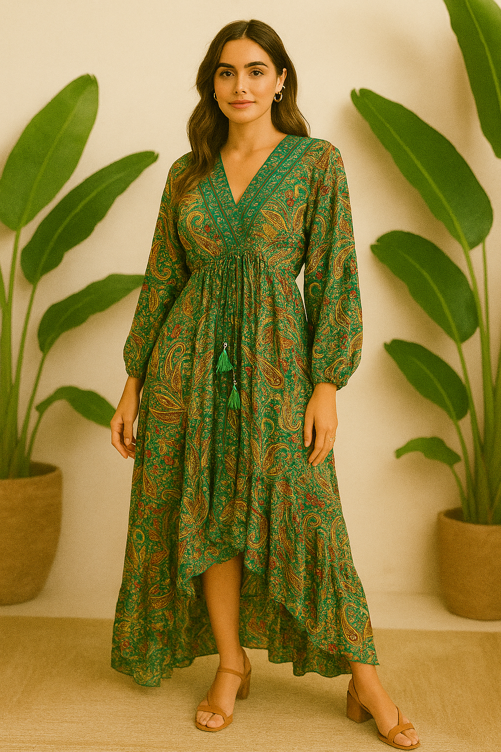 Bright green pink paisley print full sleeves