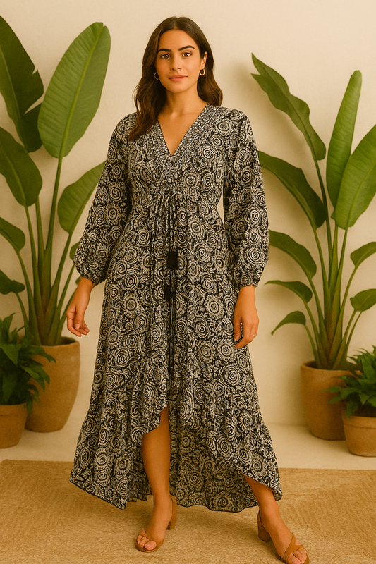 Black white floral print full sleeves SUMMER DRESS