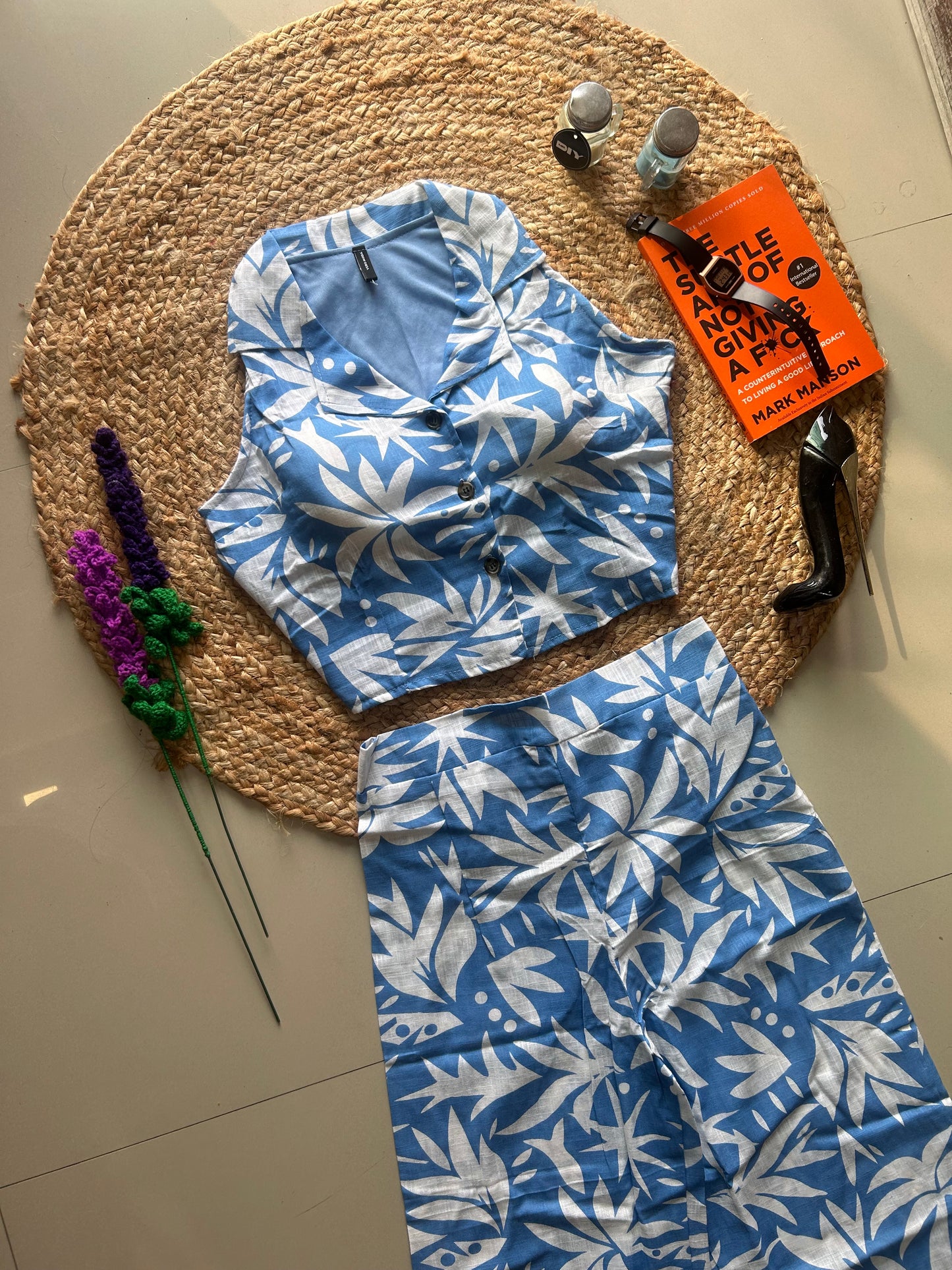 Blue Tropical Printed Co-ord Set for Women | Cotton Linen Boho Coord