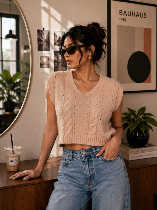 Peach cable knitted  crop
