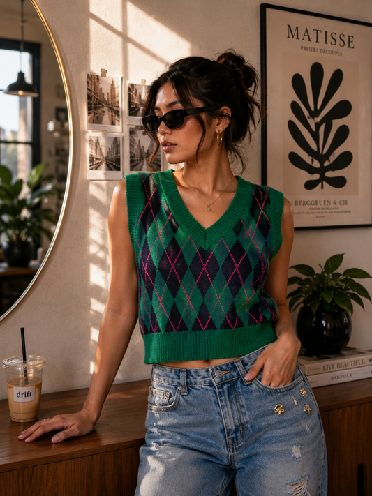 Green navy blue checked