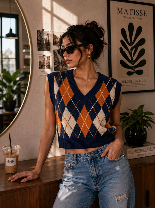 Navy blue checked orange