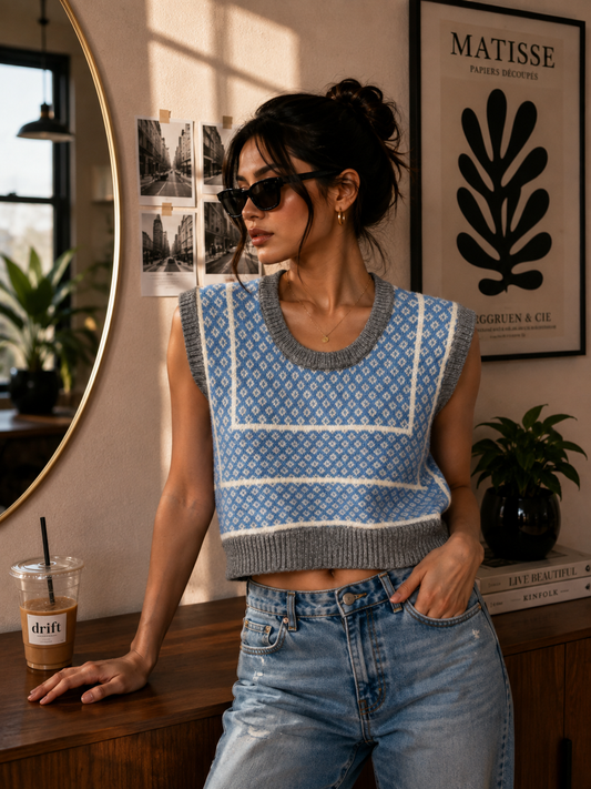 Cute Grey blue printed crop vest