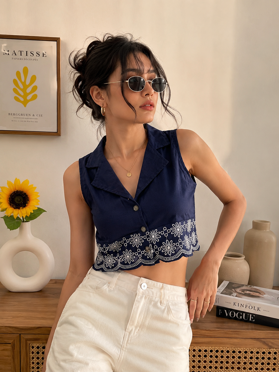 Navy blue embroidery top