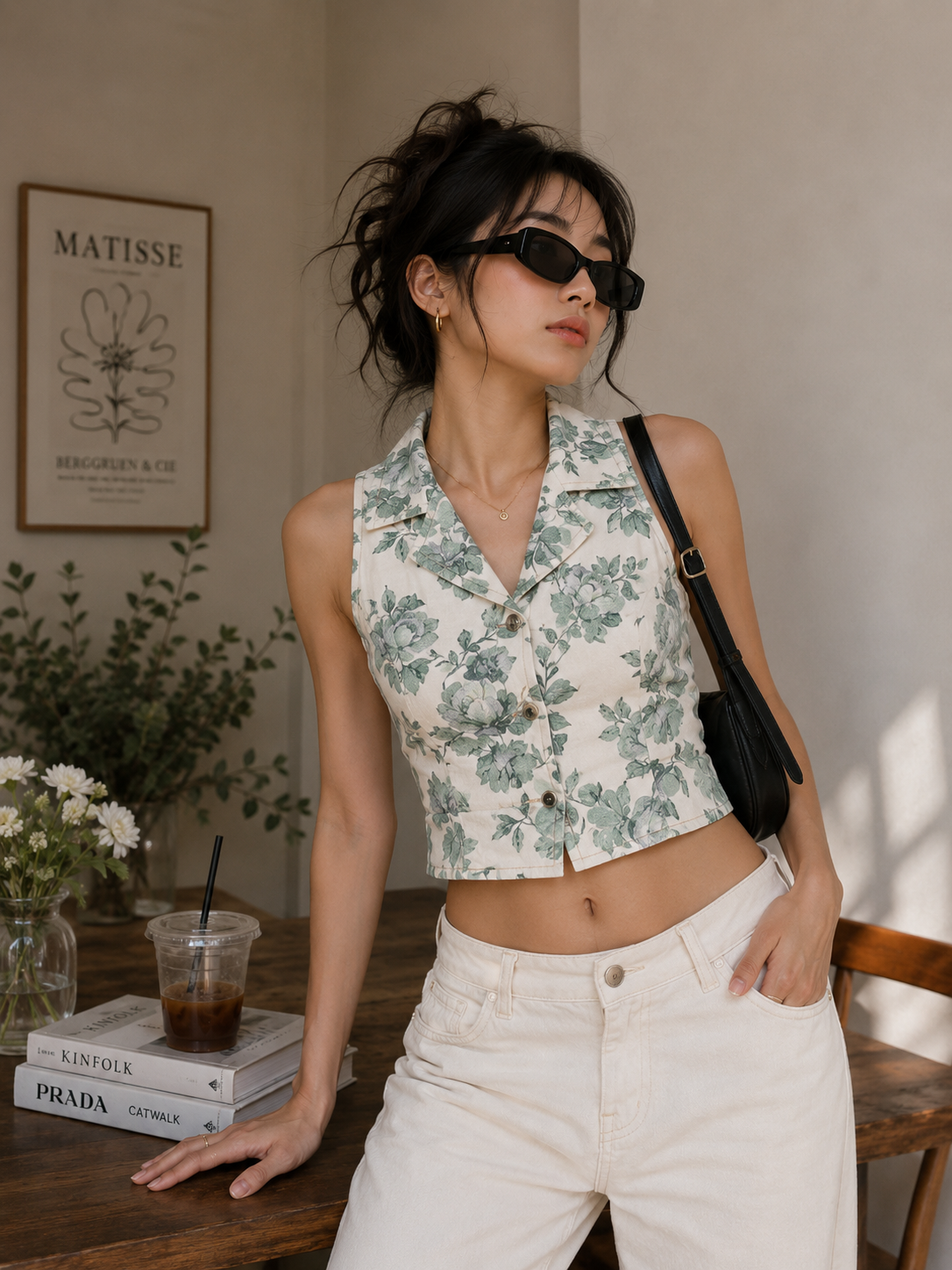 Off white green floral printed