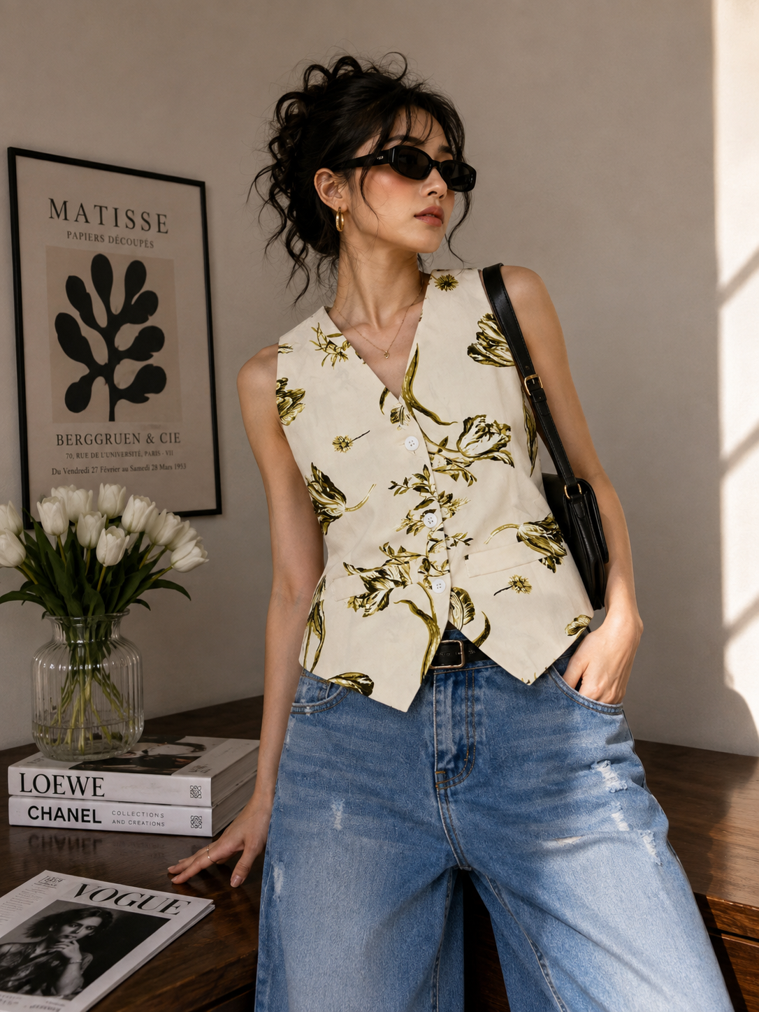 Chic vest - off -white floral