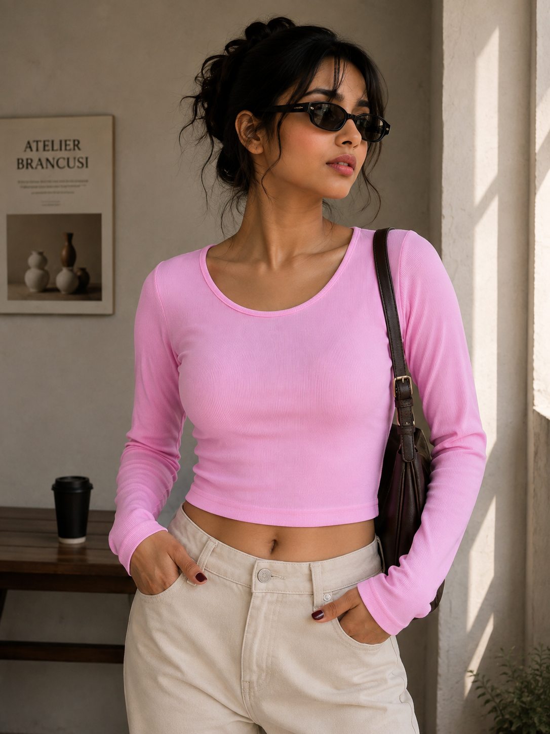 Solid V neck full sleeves-Light pink