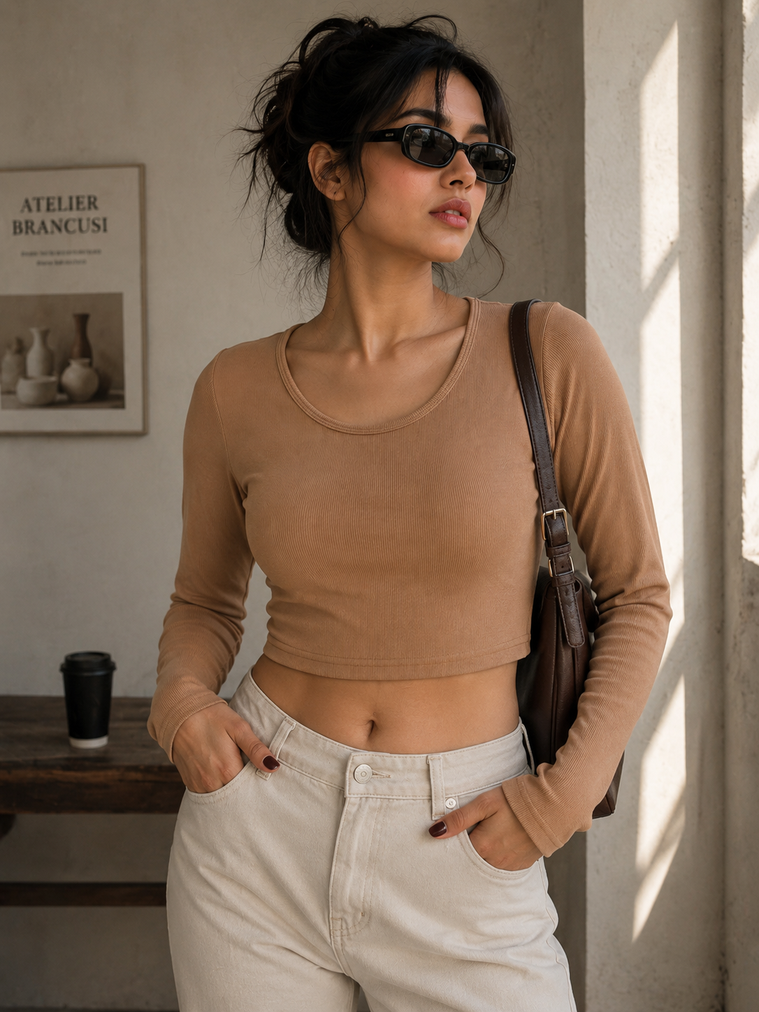 Solid V neck full sleeves-Beige