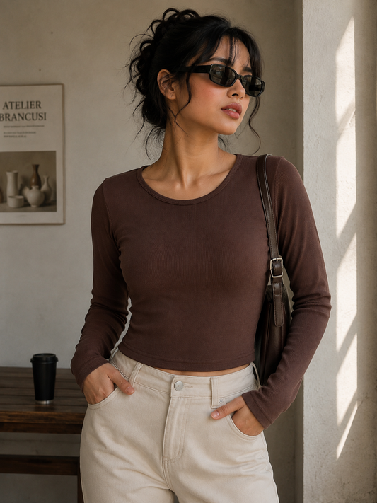 Solid V neck full sleeves- Dark Brown
