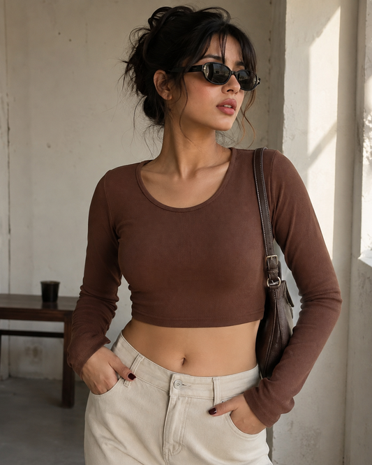 Solid V neck full sleeves-  Brown