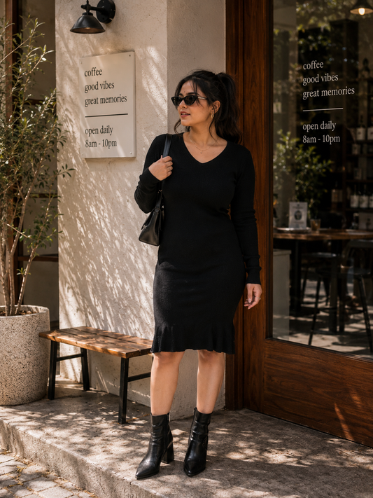 Black Ribbed Dress for Women | Boho Freesize Surplus Dress